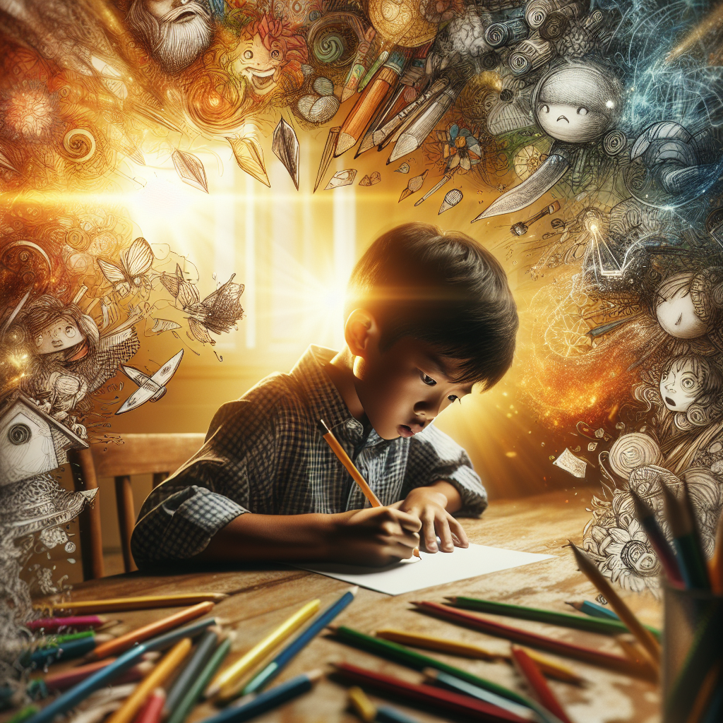 Child writing at a desk with colorful drawings around them