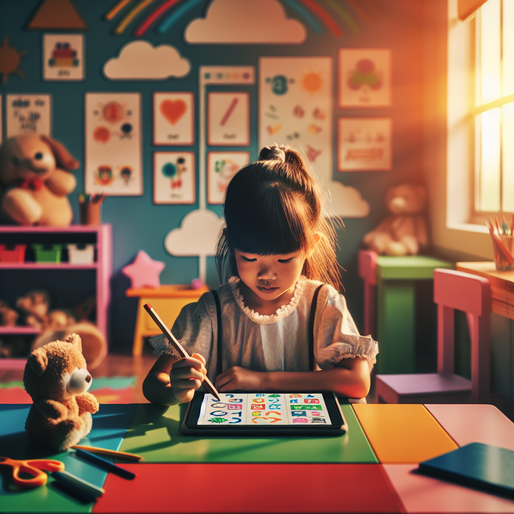 Child using a tablet with a writing app open
