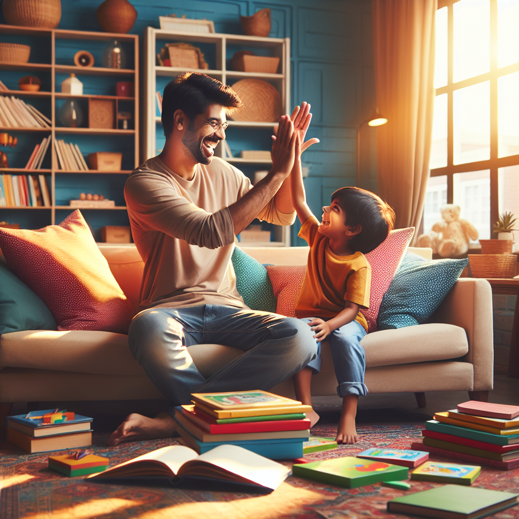 Parent and child celebrating a finished story with high-fives