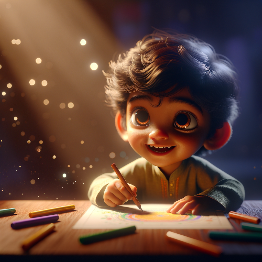 A child illustrating a story with markers and paper