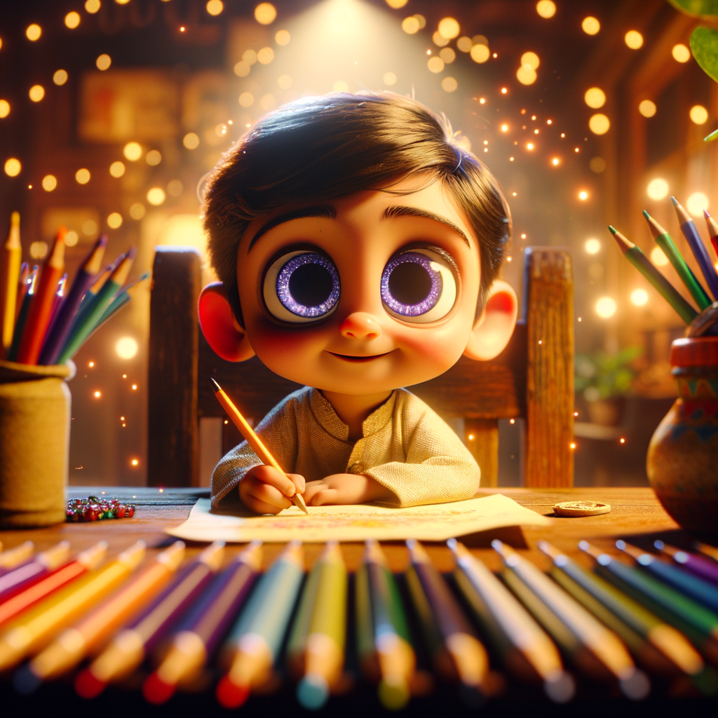 A child writing in a journal with colorful pens and papers around