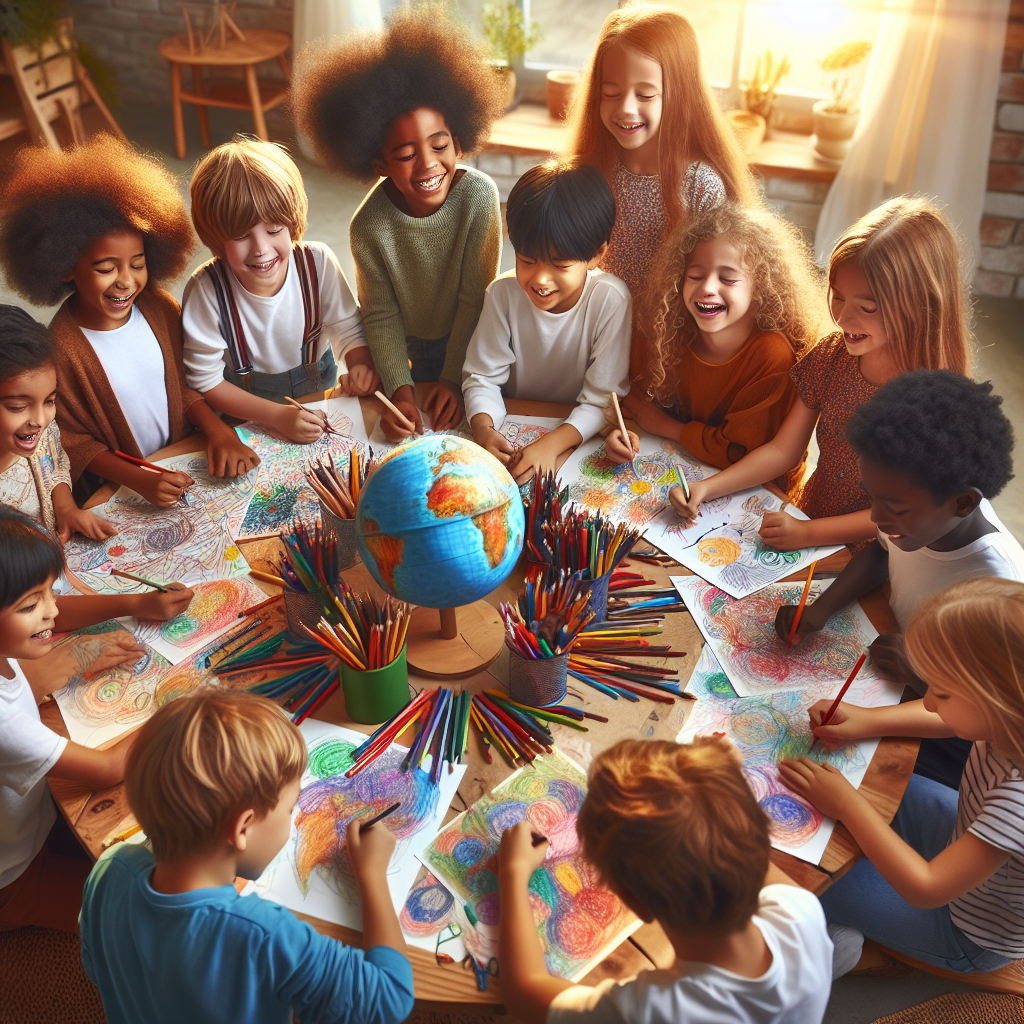 A group of happy children sitting around a table with papers and colorful pens, creating characters