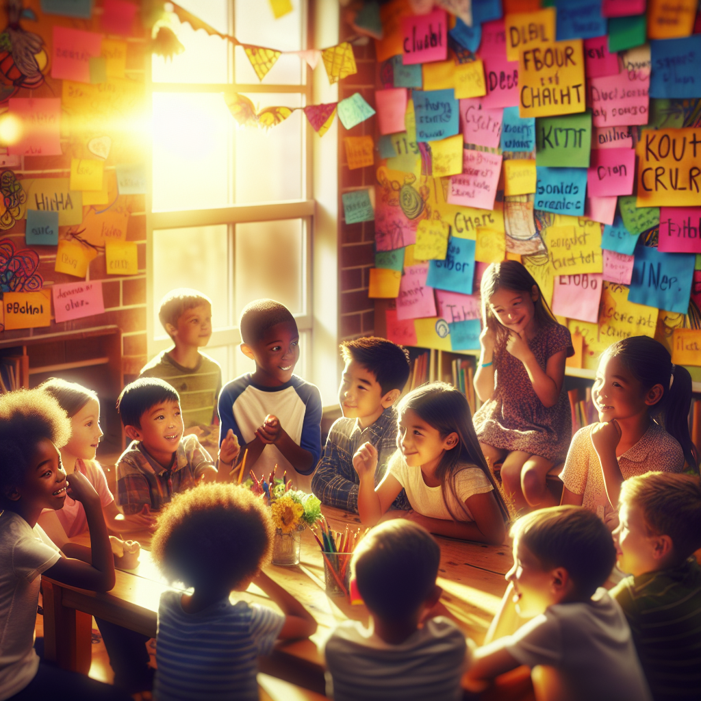 Kids working in pairs, excitedly noting down character traits on colorful sticky notes