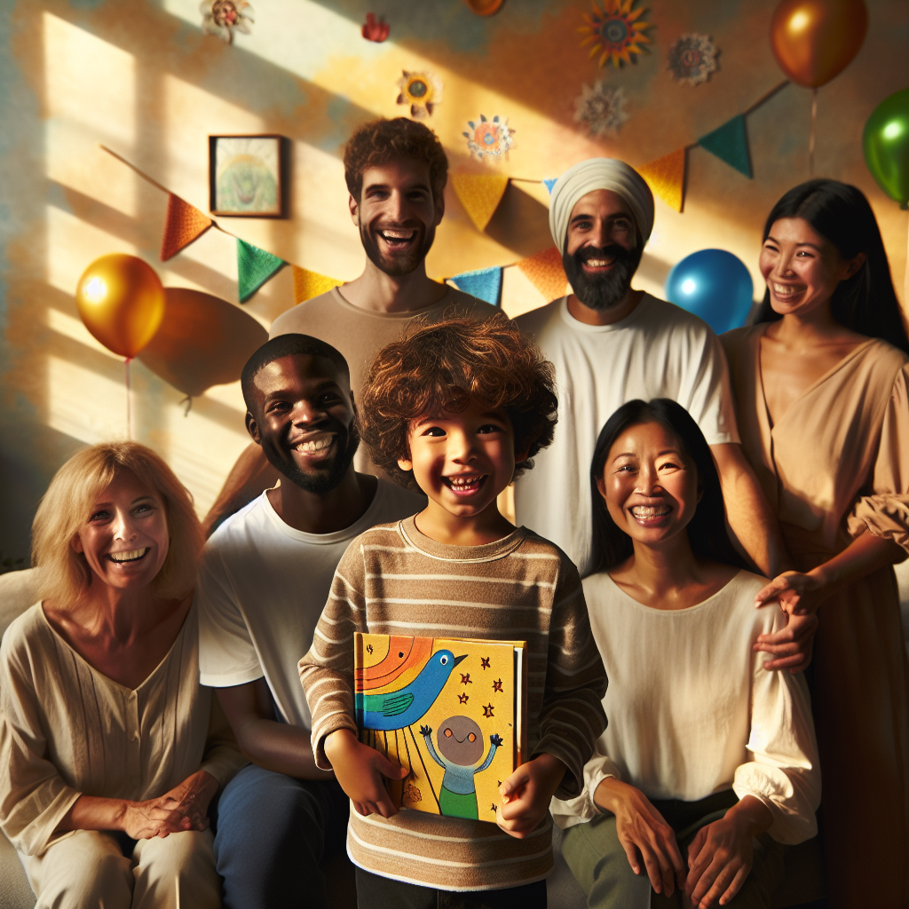 A child proudly holding up a completed storybook, surrounded by friends and family
