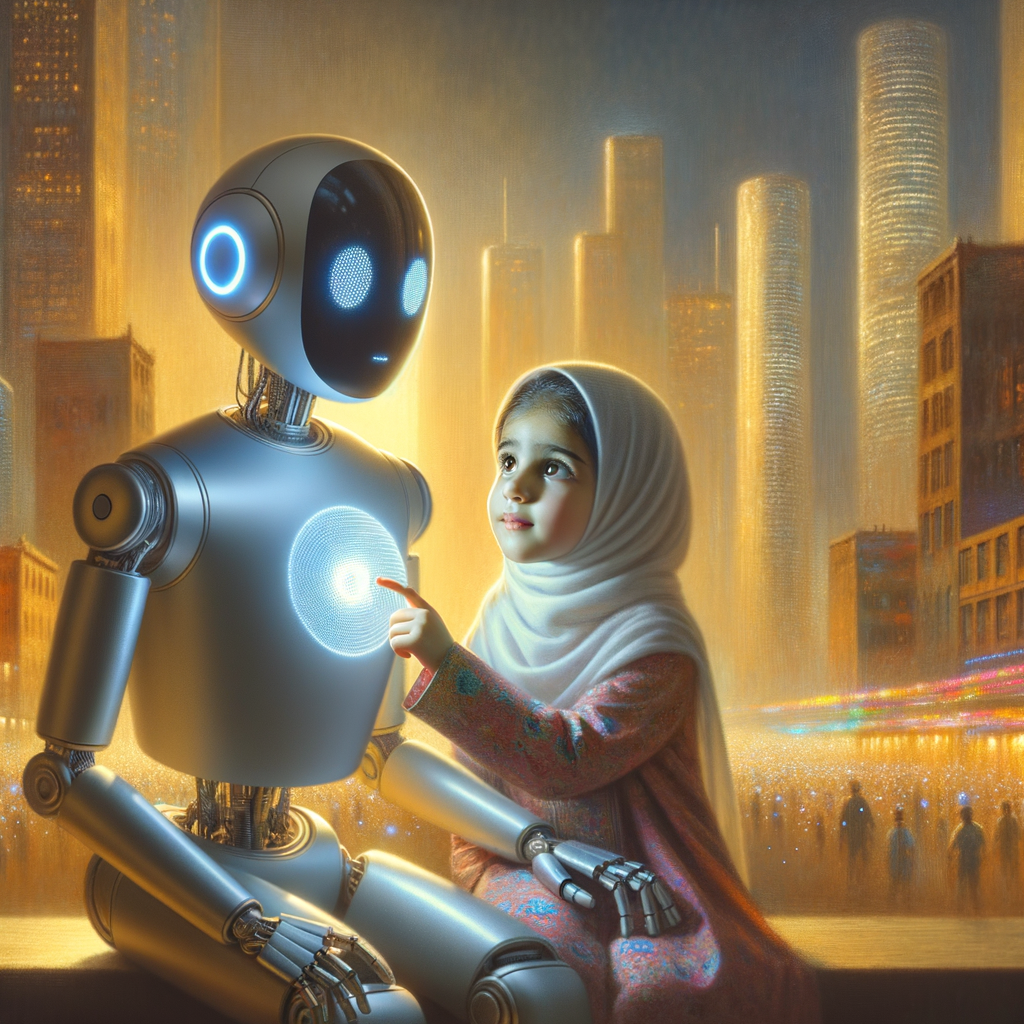A child with an AI robot in a futuristic setting