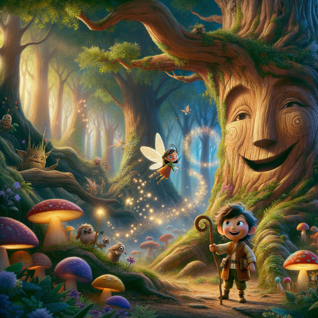 A whimsical forest with talking trees and fantastical creatures