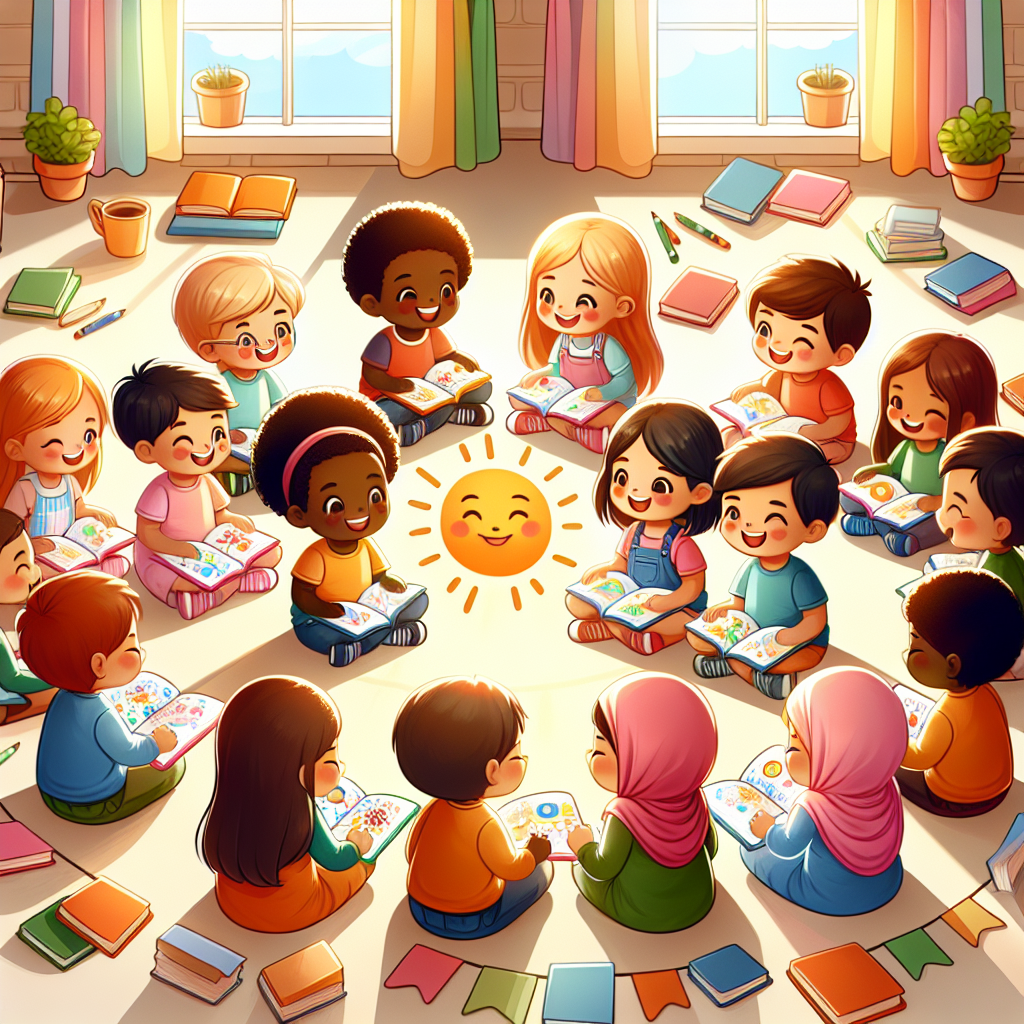 A group of children in a classroom, working together on writing projects, with books and tablets around them