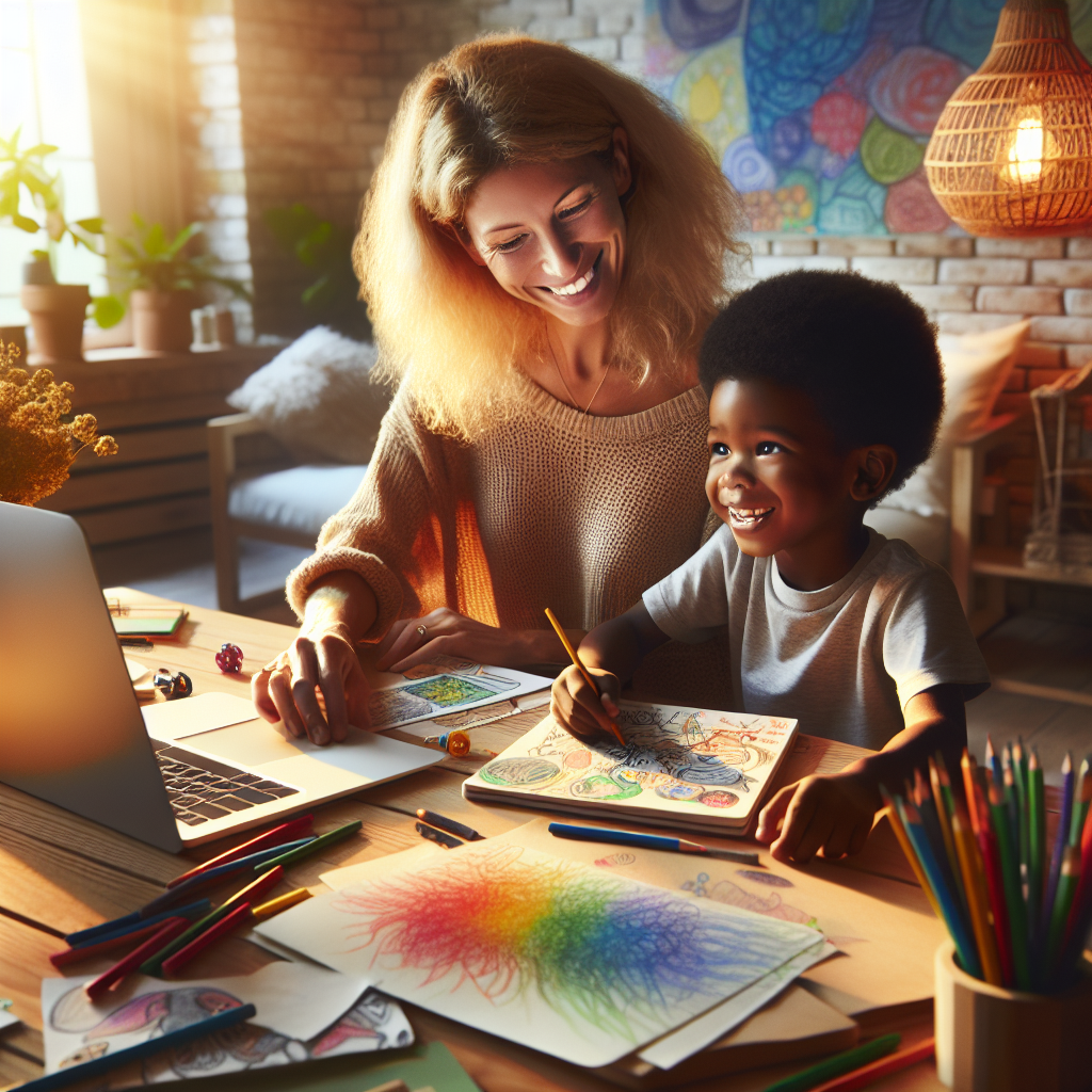 A parent and child sitting together, happily discussing creative writing ideas, with a laptop and notebook on the table