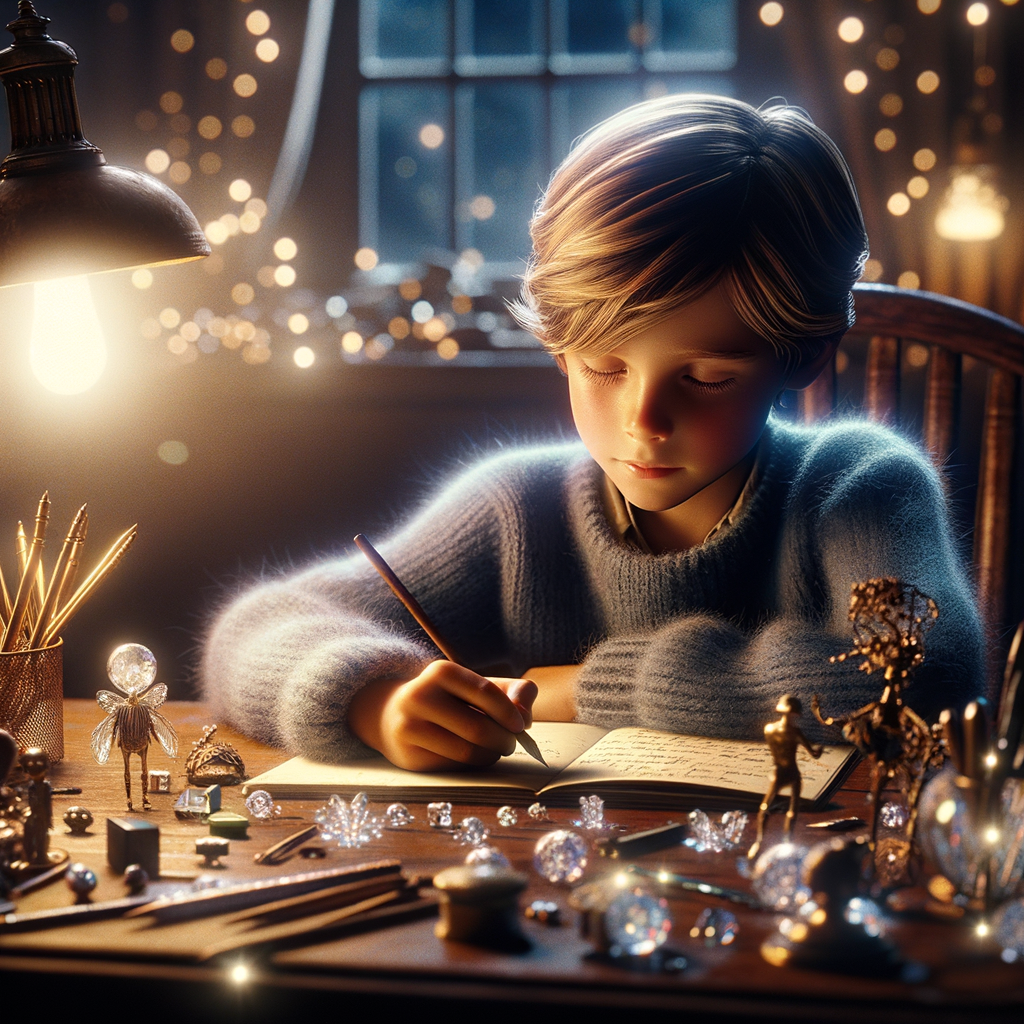 A child sitting at a desk, writing in a journal with a calm expression, surrounded by colorful stationery
