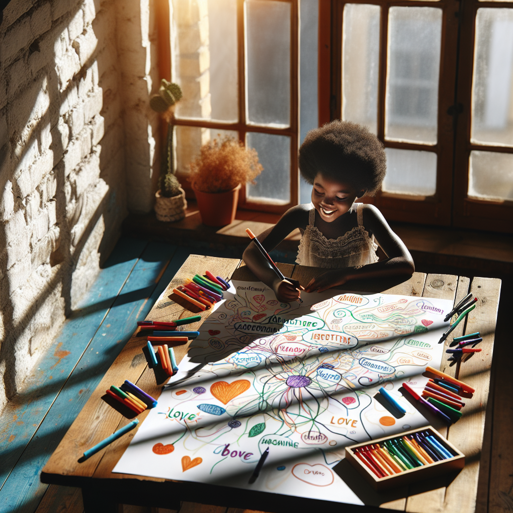 A child creating a word map with colorful markers