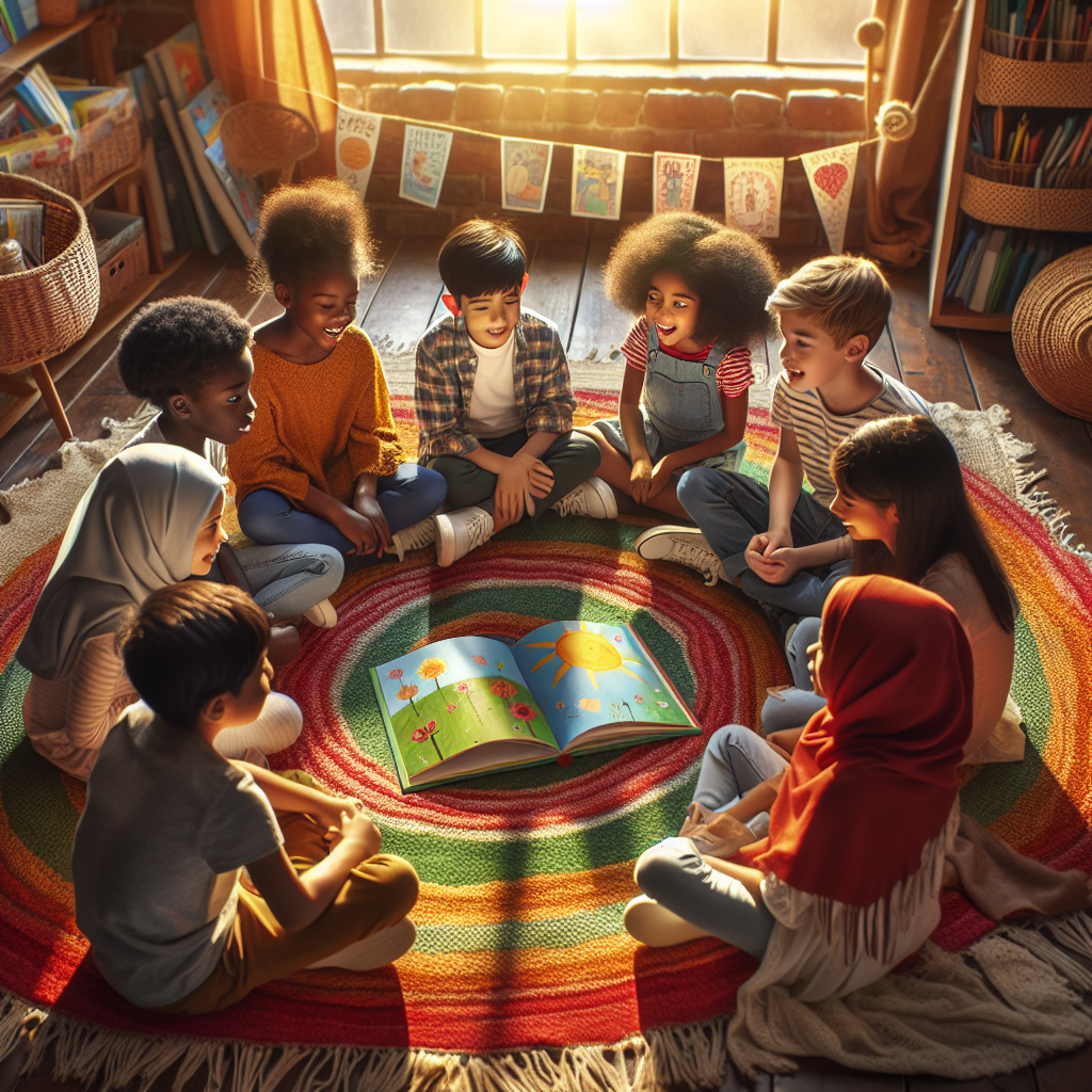 A group of children sitting in a circle, excitedly discussing a book