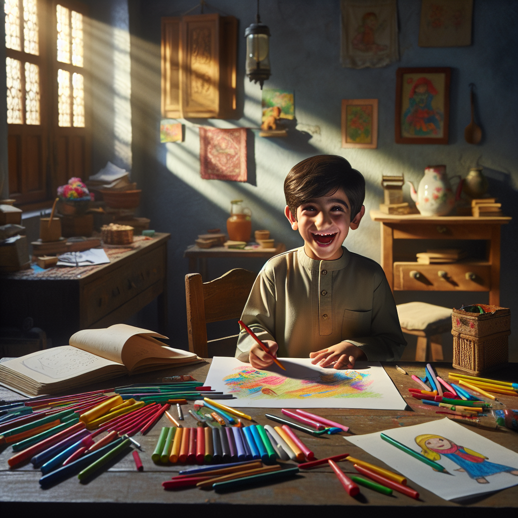 A child drawing a scene from a book, surrounded by colorful art supplies