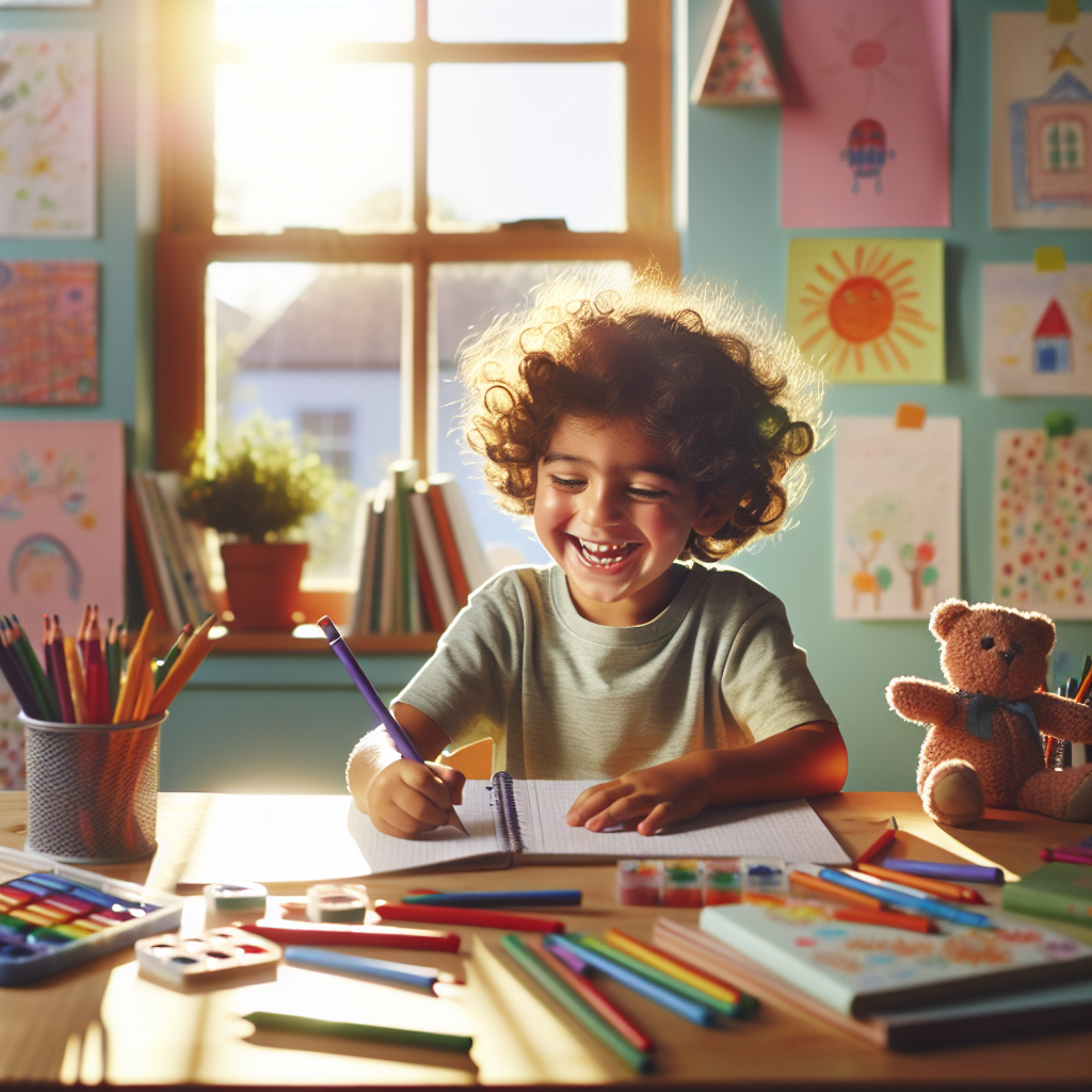 A smiling child writing in a notebook, surrounded by colorful books and art supplies, symbolizing the joy and creativity of homeschooling.