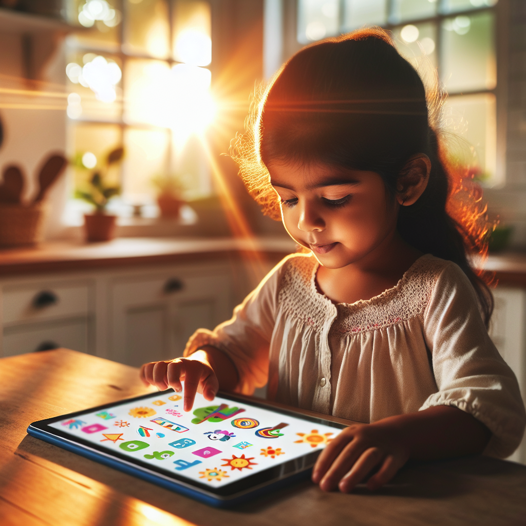 A child using a tablet with a writing app, showing colorful graphics and interactive elements