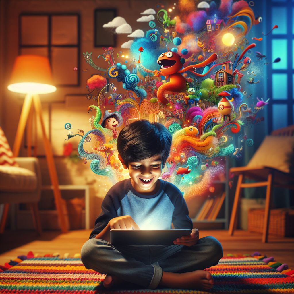 A child using a storytelling app, creating characters and scenes with digital tools
