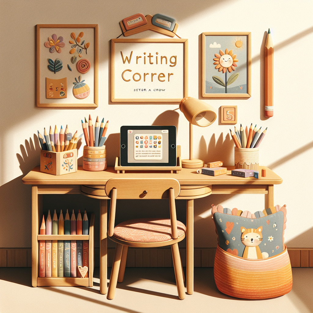A cozy and organized writing space for a child, with a tablet and writing materials
