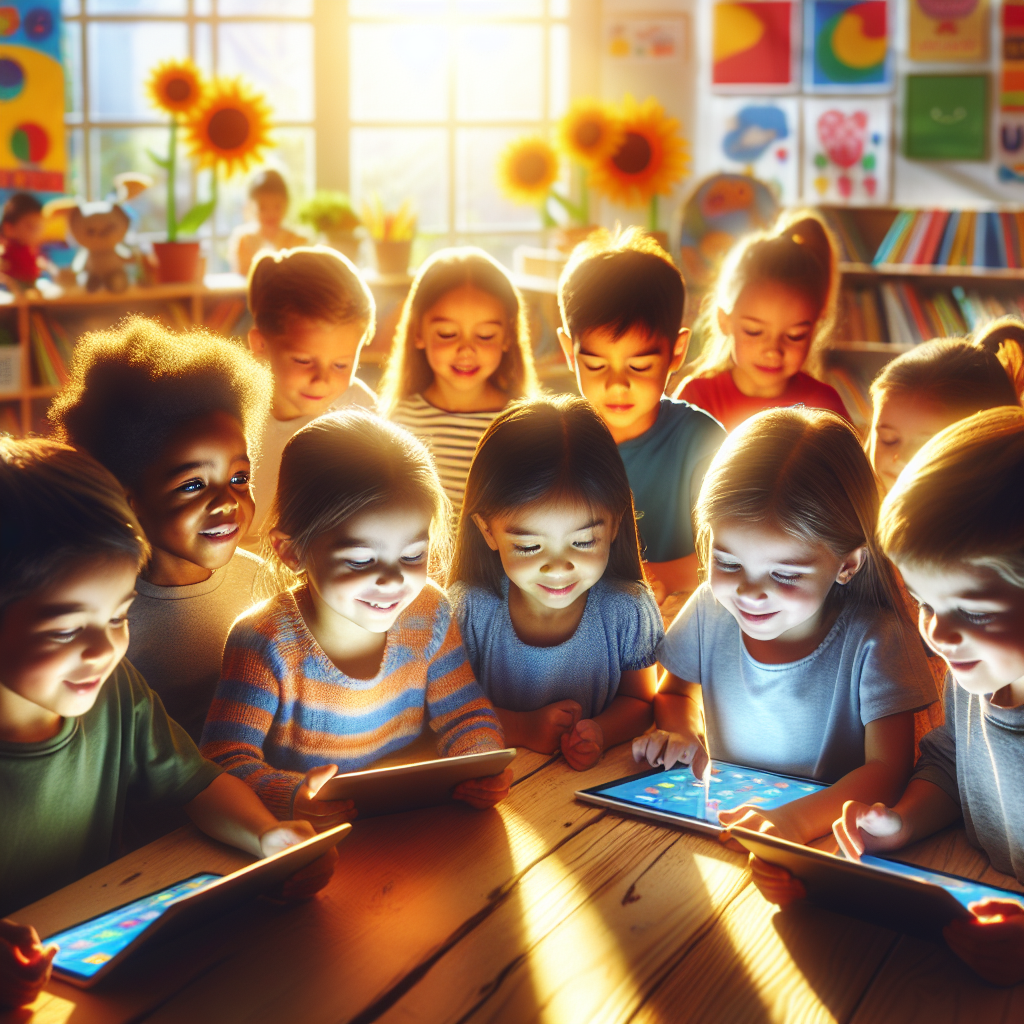 Group of children happily writing on tablets, showcasing collaboration and creativity