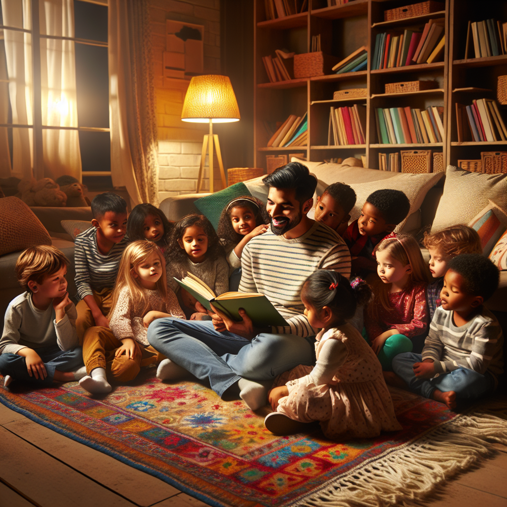 A parent reading a storybook to children, with a warm and inviting atmosphere