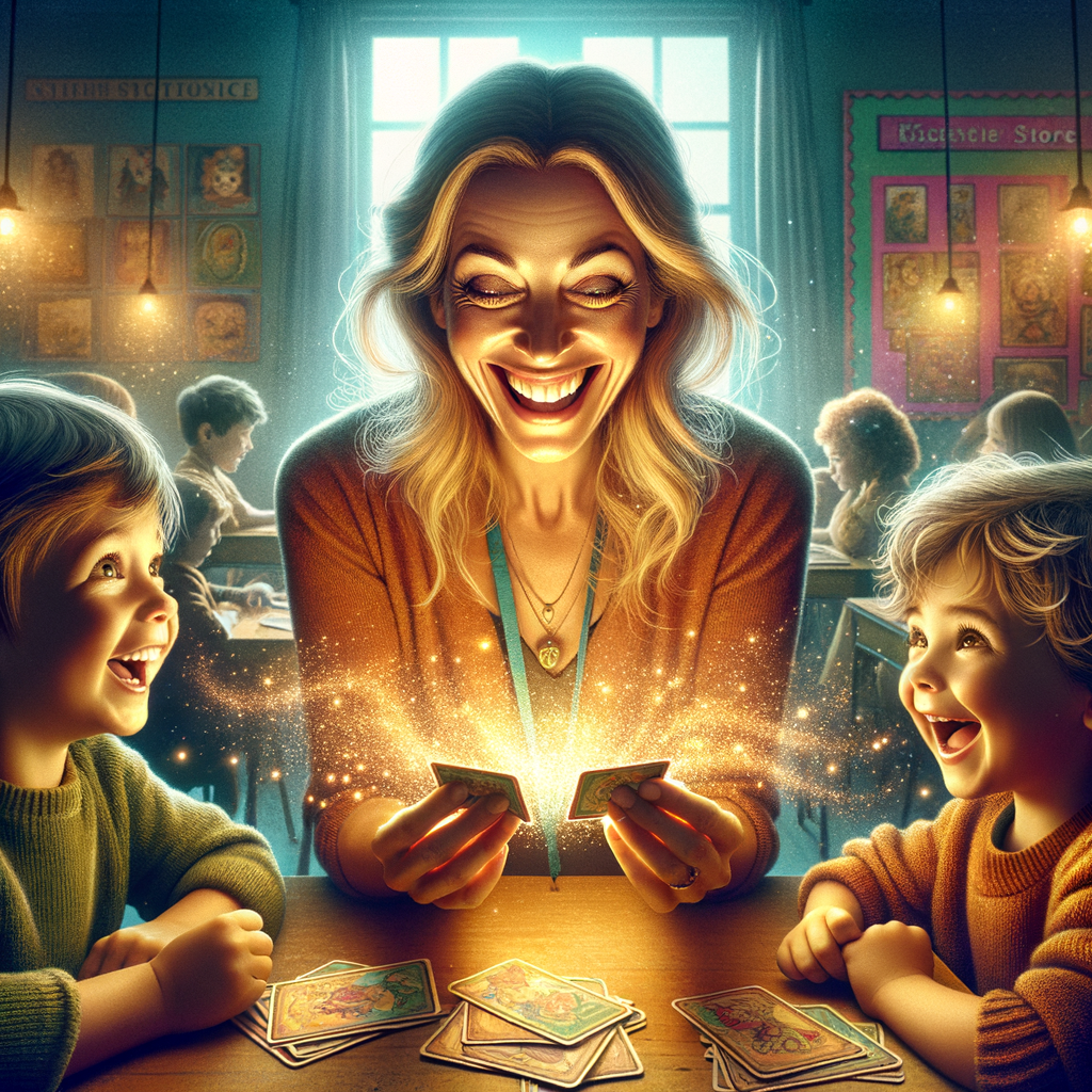 A teacher handing out story starter cards to a group of enthusiastic students