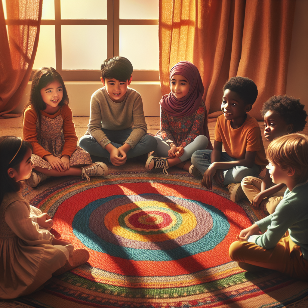 A group of children sitting in a circle, sharing stories with animated expressions