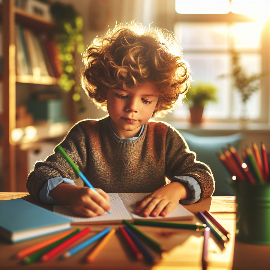 A child sitting at a desk, thoughtfully writing in a notebook