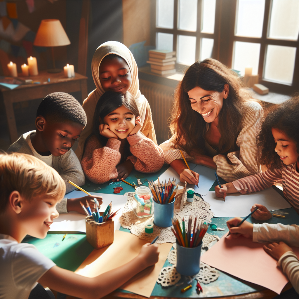 Children happily engaged in a group writing activity, surrounded by colorful papers and pens