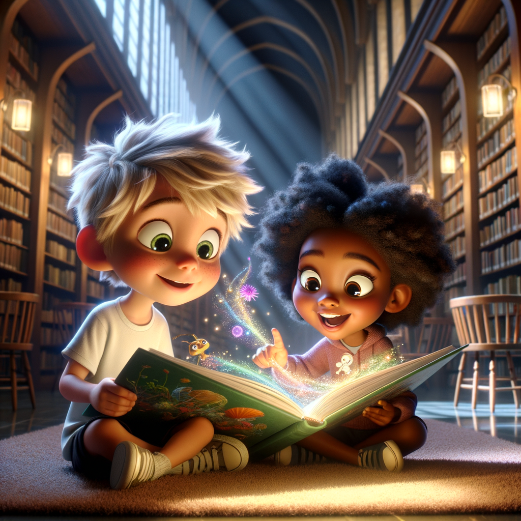 A group of diverse children reading STEM books in a library