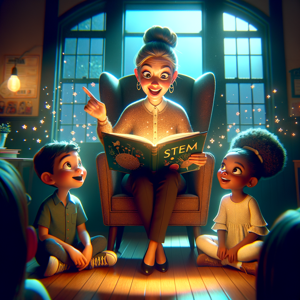 Children gathered around a teacher reading a STEM storybook