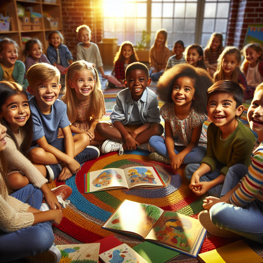 Children sitting in a circle, sharing stories, with expressions of excitement and curiosity