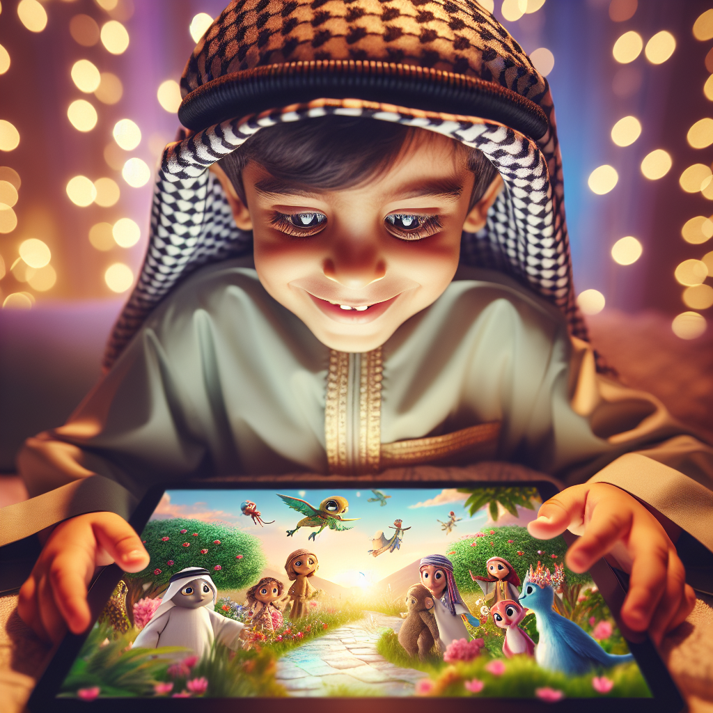 A child using a tablet with an interactive storytelling app, showing animated characters and vibrant scenes