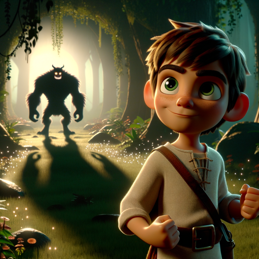 A heroic character standing confidently against a monstrous shadow