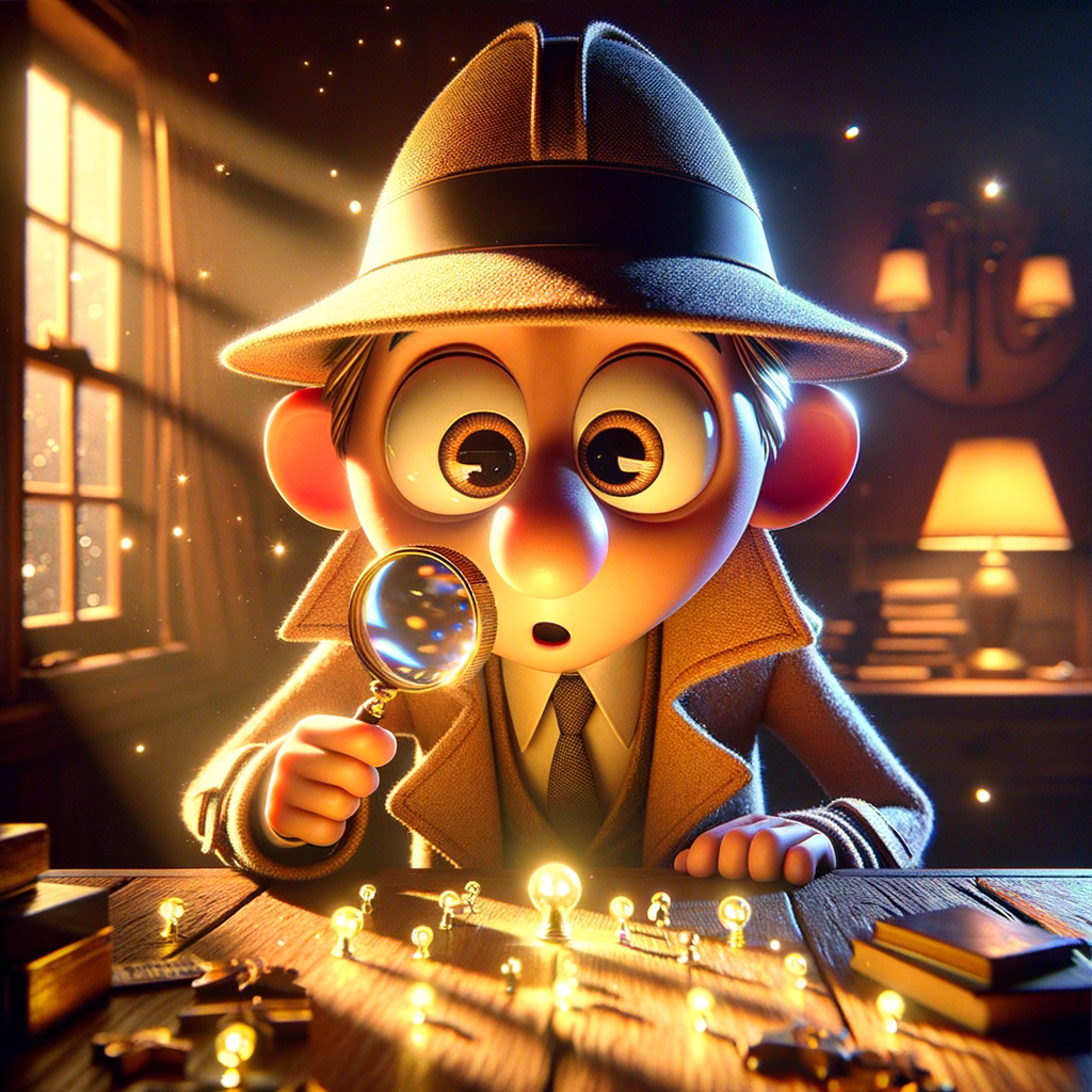 Detective-like character examining clues with a magnifying glass