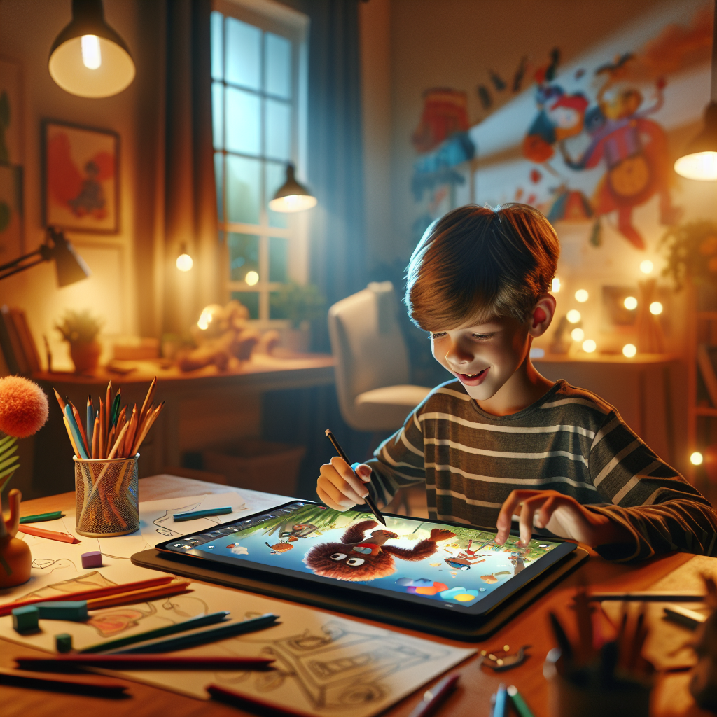 Ένα παιδί που χρησιμοποιεί το ToonTastic 3D για να δημιουργήσει μια πολύχρωμη κινούμενη σκηνή