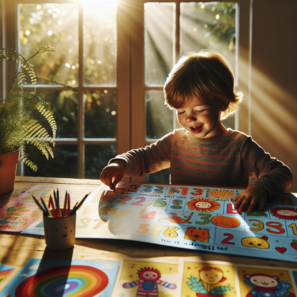 A collection of colorful printable writing worksheets spread out on a table, with a child happily writing.