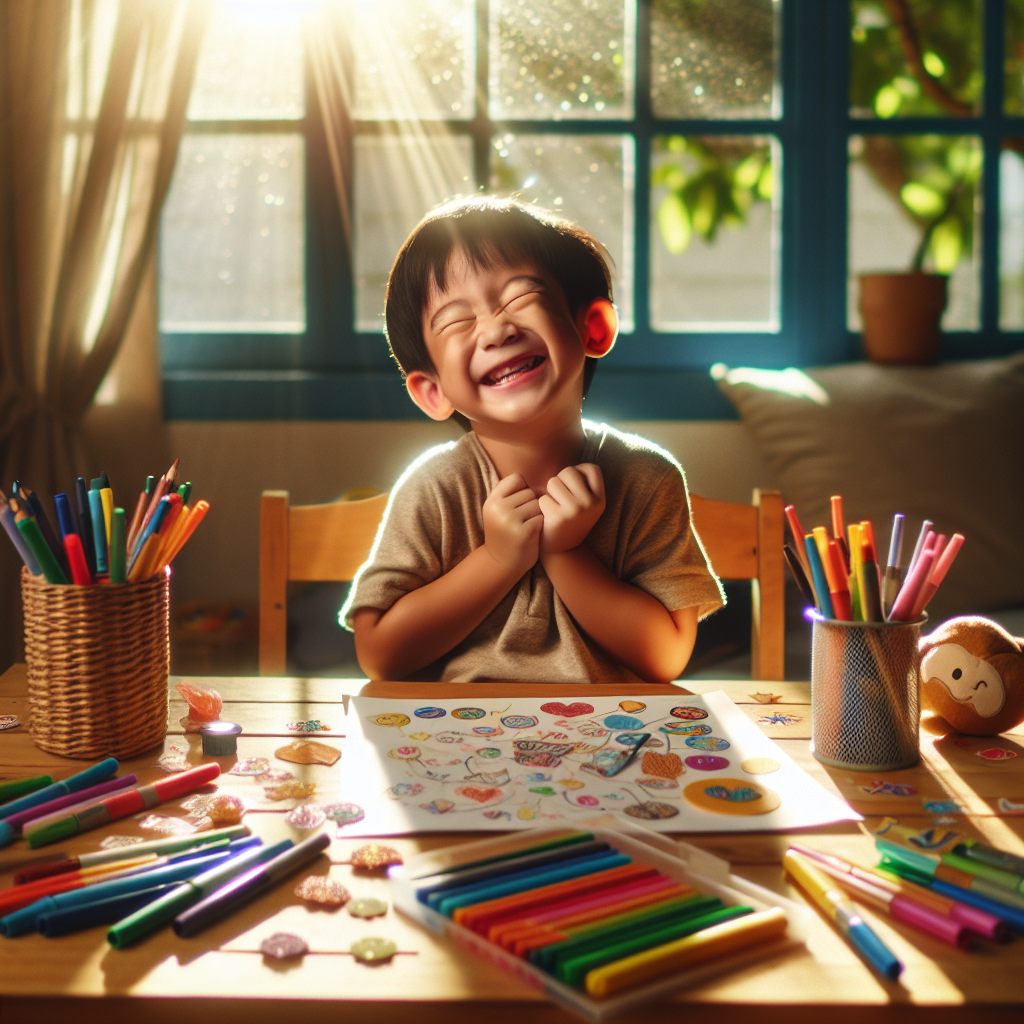 A child using a story mapping worksheet with colorful markers and stickers.