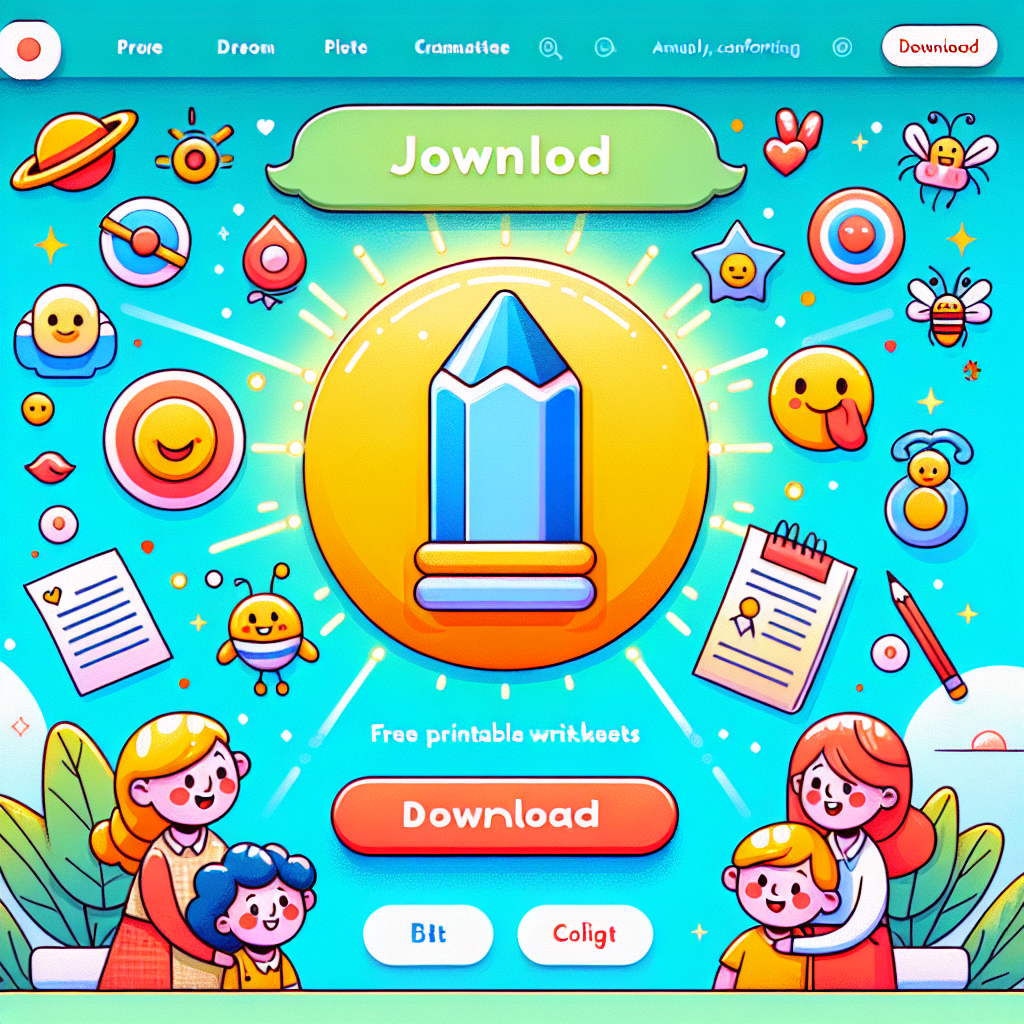 Screenshot of a website offering free printable writing worksheets, highlighting the download button.
