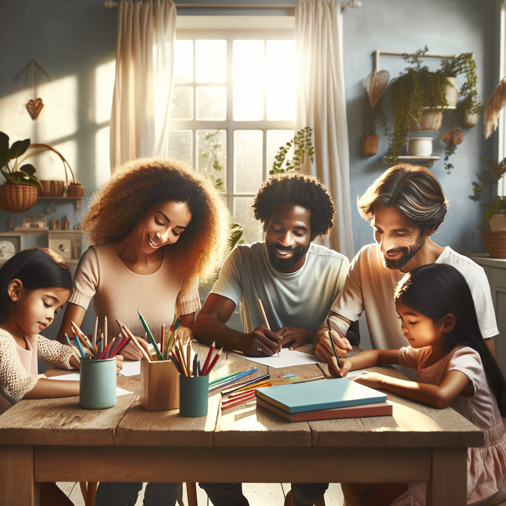 Happy family engaged in a writing activity together at home.