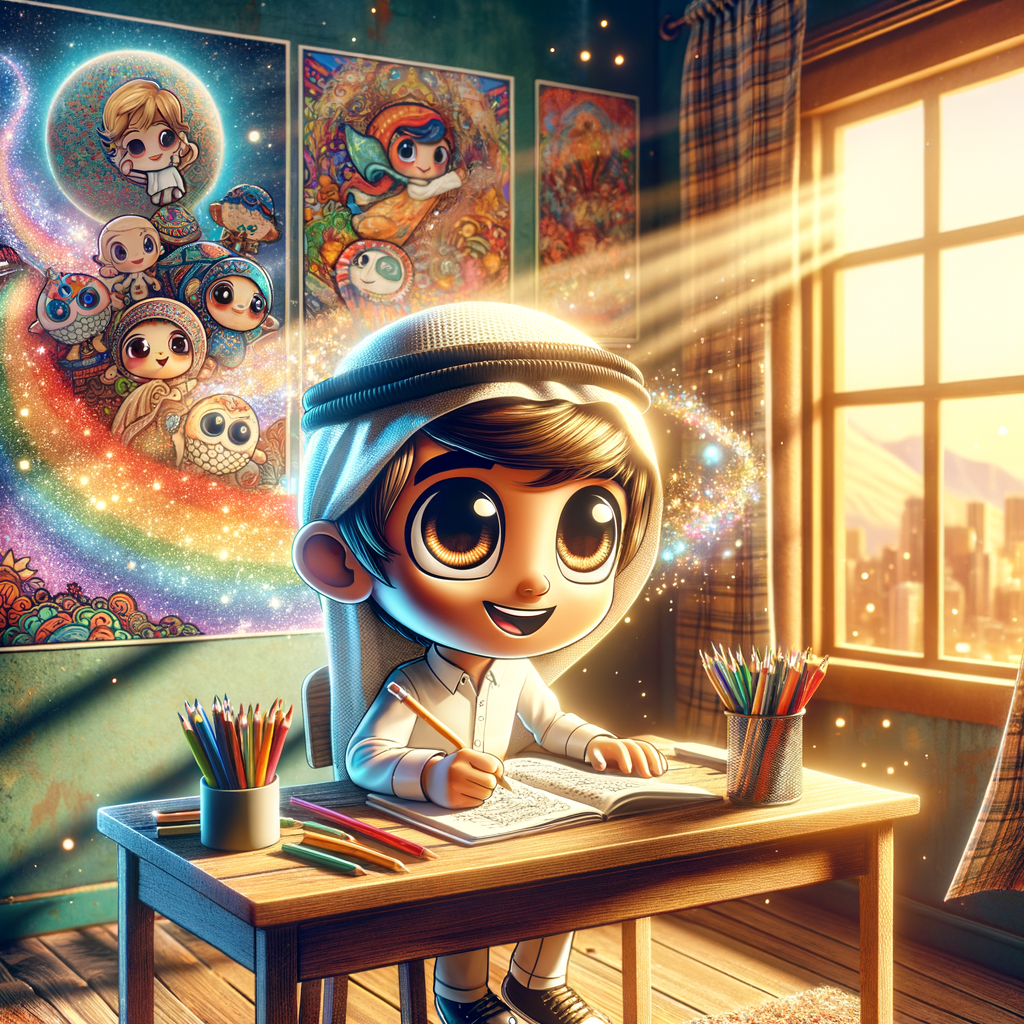 A cozy writing nook with a small desk, colorful pencils, and inspirational posters