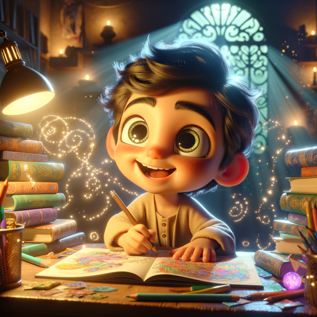 A joyful child writing at a desk, surrounded by colorful drawings and storybooks