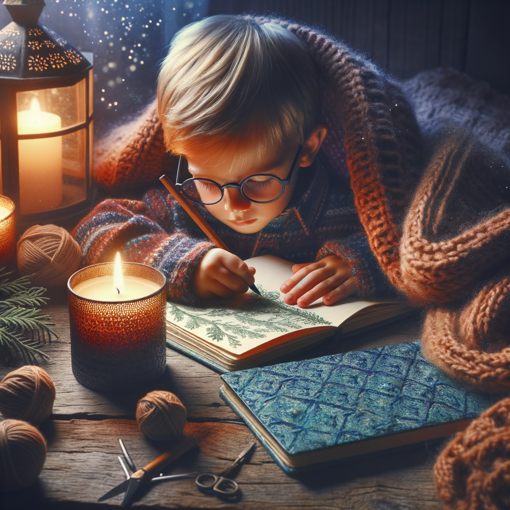 A child drawing a character on a character profile sheet, surrounded by colorful pencils