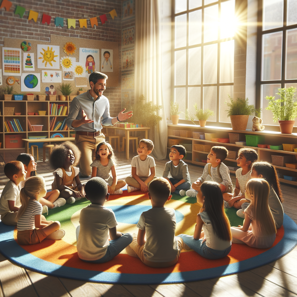 A group of children looking intently at a vibrant image of a forest, pencils in hand