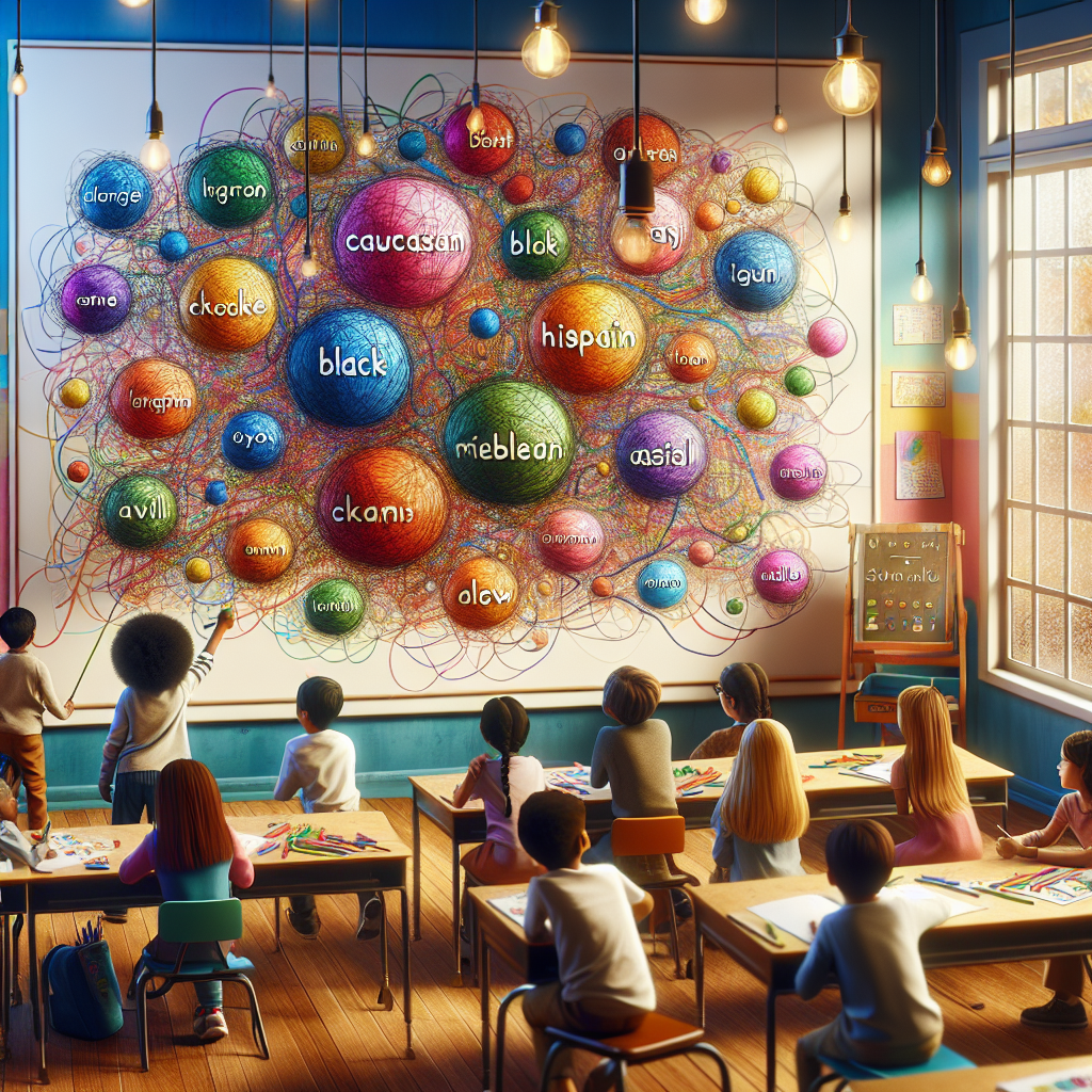 A colorful word web on a whiteboard with children eagerly adding new words