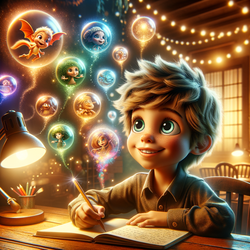 A child sitting at a desk, enthusiastically writing in a notebook, surrounded by colorful thought bubbles depicting various story ideas