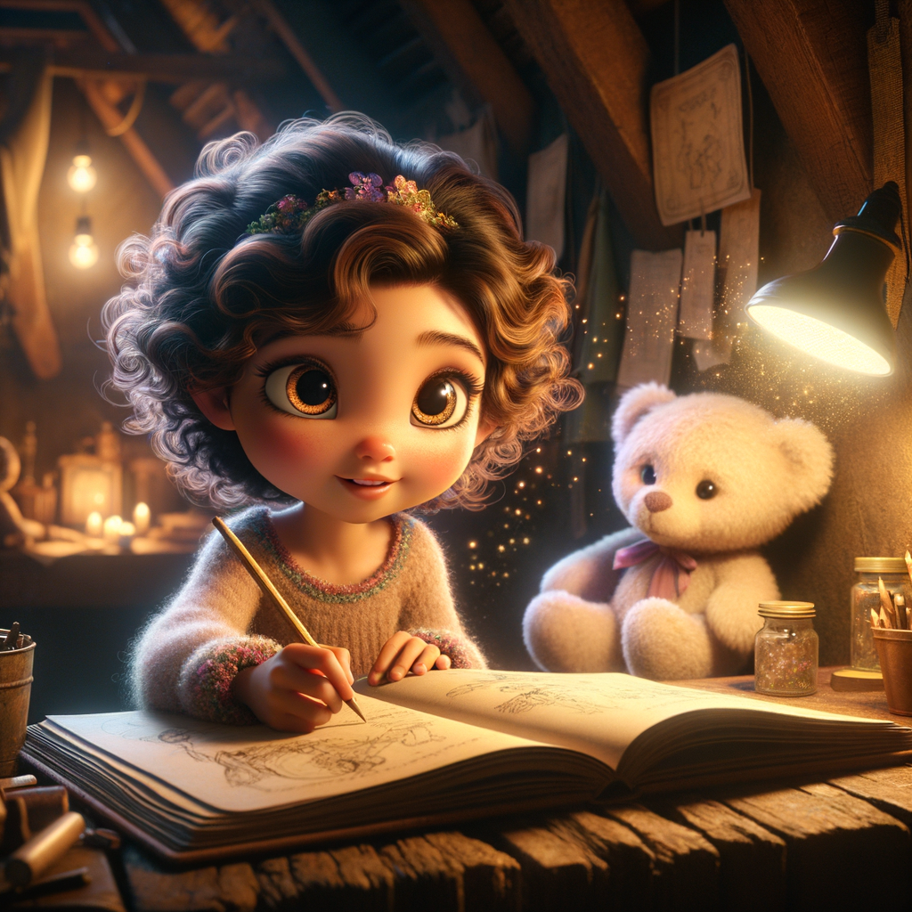 A group of children happily engaged in writing, surrounded by colorful drawings and storybooks