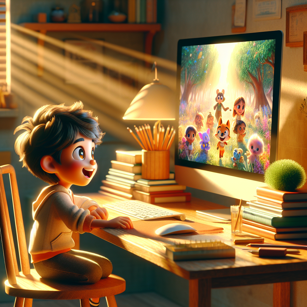 Illustration of a child using a computer with a screen showing a story being generated