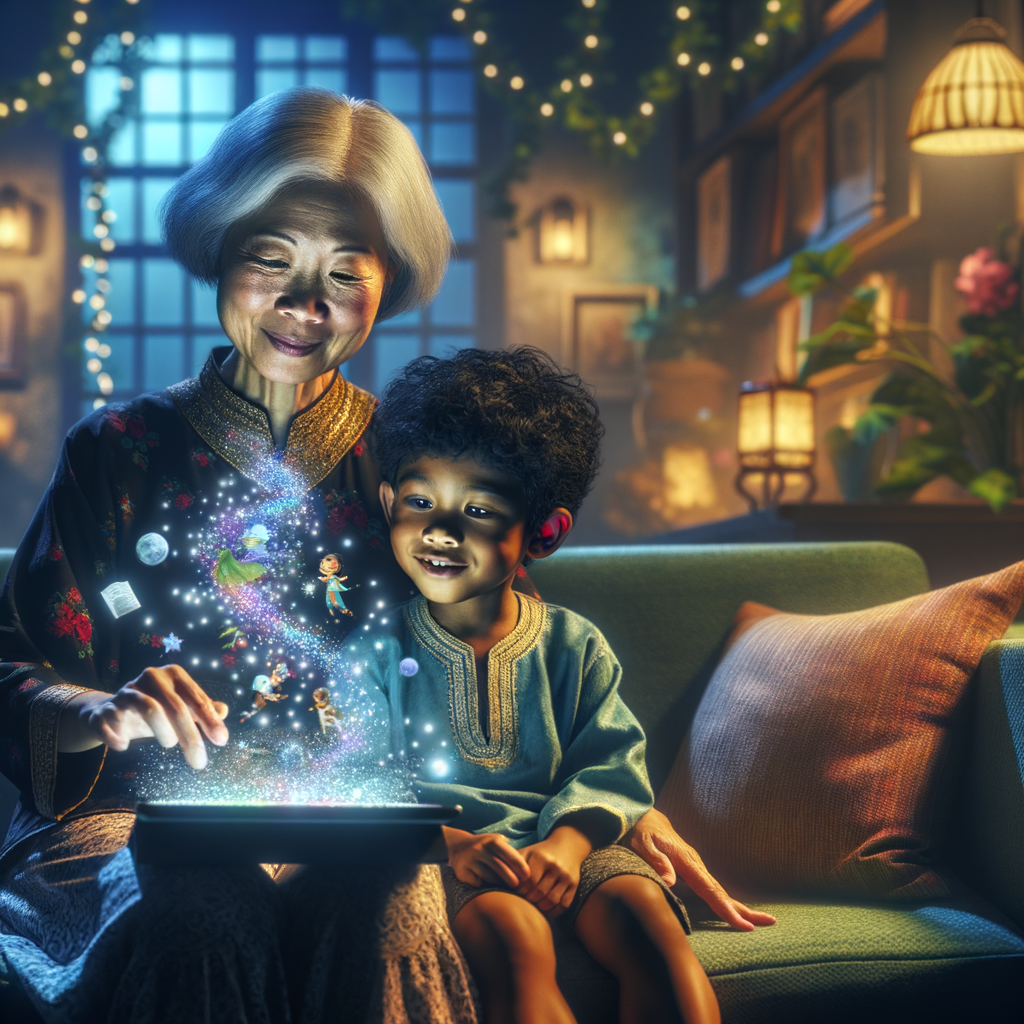 A parent and child sharing a digital storybook on a tablet