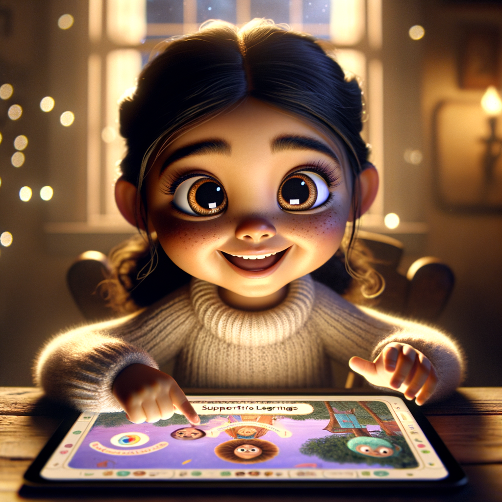 A child working on WriteReader, with text and illustrations on the screen