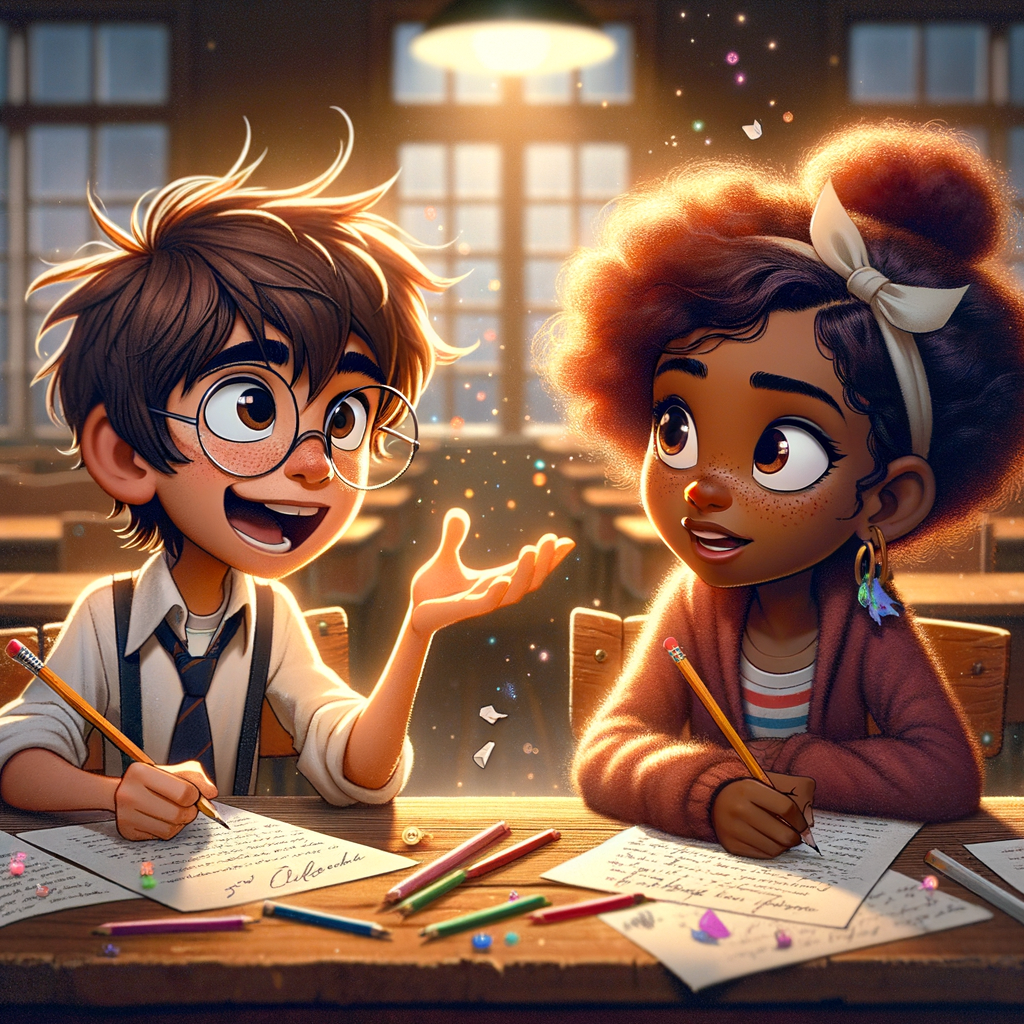 Students writing dialogue in pairs
