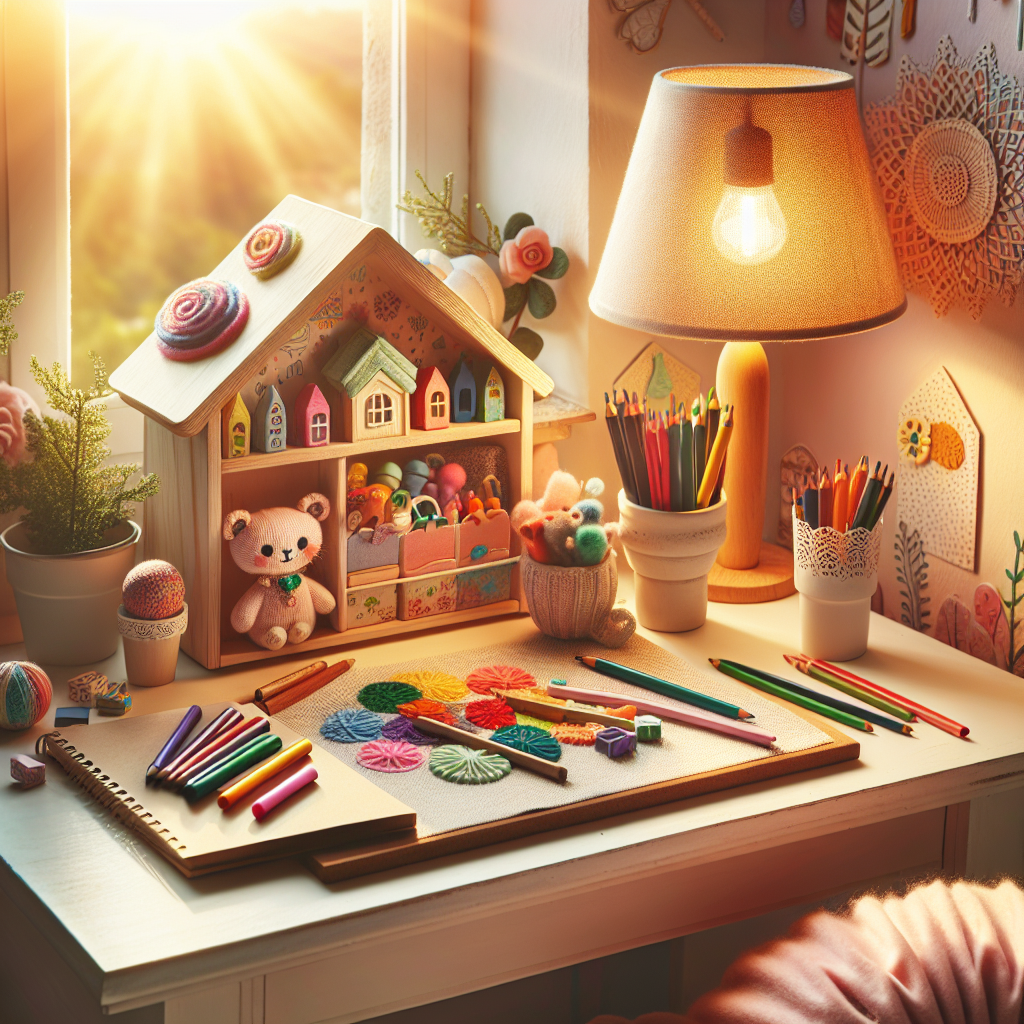 A cozy, well-lit writing nook with a desk and colorful writing supplies