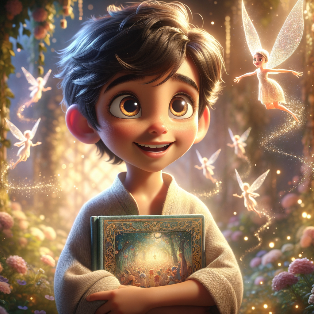 A child proudly holding a completed storybook, with a backdrop of fantasy elements like stars and fairies